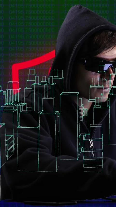 Cyber security data processing over 3D city model against male hacker using Stock Footage 343641525
