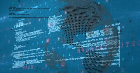 Cyber security data processing over spinning globe against blue background Stock Illustration