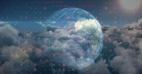 Cyber security data processing over globe against clouds in blue sky 写真素材