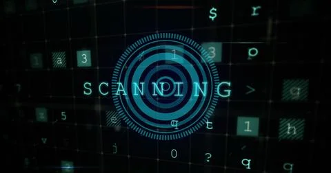 Cyber security data processing over blue round scanner on black background Stock Photos