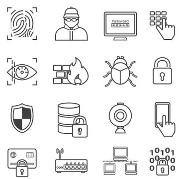 Cyber security, data protection, hacker and malware line icons 스톡 일러스트