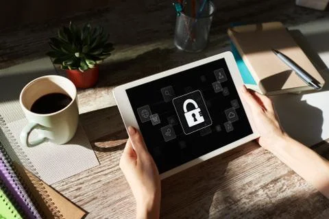 Cyber security, data protection, information privacy concept on device screen. 库存照片
