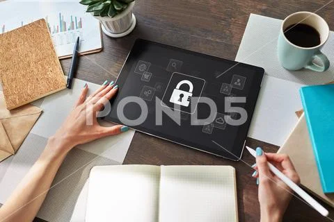 Cyber security, data protection, information privacy concept on device screen. Stock Photos