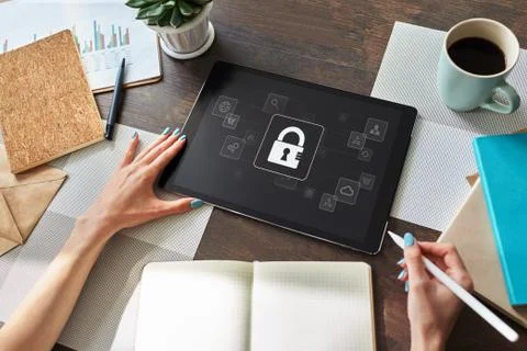 Cyber security, data protection, information privacy concept on device screen. Stock Photos