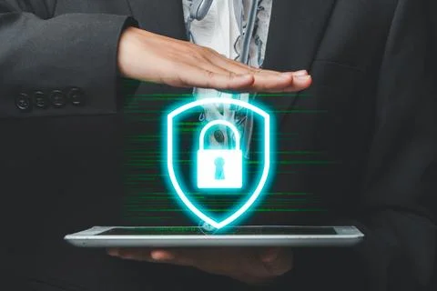 Cyber security, digital crime concept, Person touching on digital tablet wi.. Stock Photos