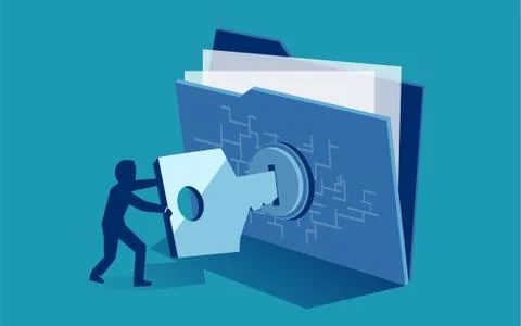 Cyber security digital file protection. Vector of man using security key to a Stock Illustration
