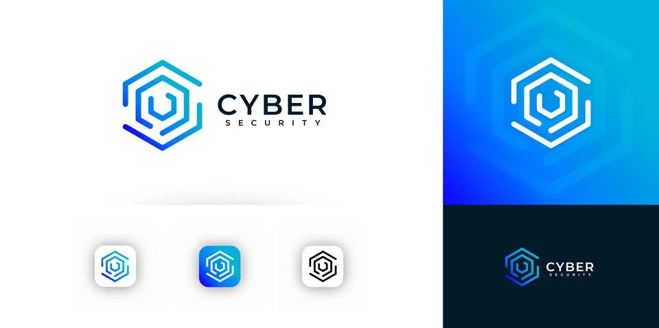 Cyber Security Digital Hexagon Lock Logo Icon. Line Safe Combination Sign 库存插图