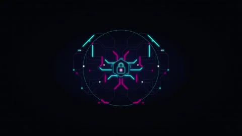 Cyber security digital lock with glowing neon circuitry hud animation on bl.. Stock Footage 337558825