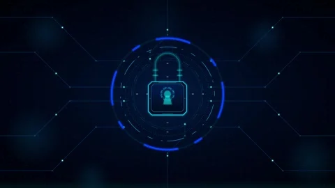 Cyber security digital lock with hud interface and data network background .. 스톡 동영상 337558831