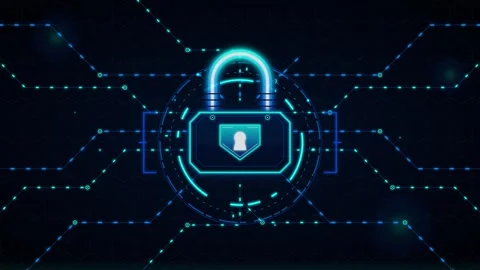 Cyber security digital padlock with glowing data network hud interface back.. Stock Footage 337558857