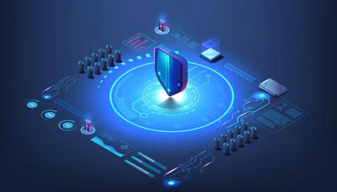 Cyber security. Digital shield. Ransomware DDoS encryption. WAF protection Stockillustratie