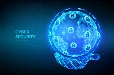 Cyber security. Earth globe illustration. Abstract polygonal planet in hand.  Stock Illustration