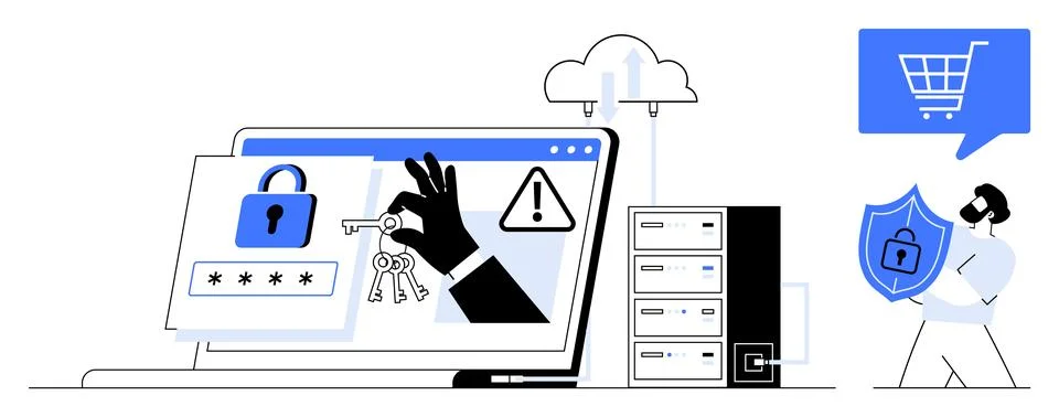 Cyber Security Elements Including Cloud, Online Shopping, Security Keys, an.. Illustrazione stock