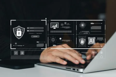 Cyber security essentials, digital crime prevention by anonymous hackers, per Foto stock