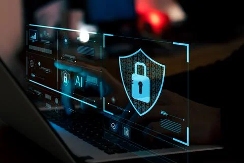 Cyber security essentials, digital crime prevention by anonymous hackers, per Stock Photos
