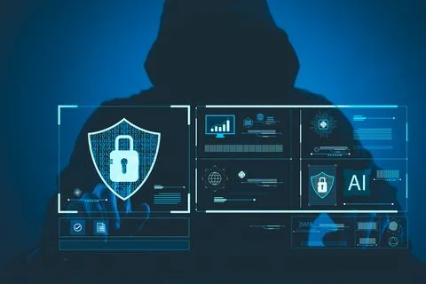 Cyber security essentials, digital crime prevention by anonymous hackers, per Stock Photos