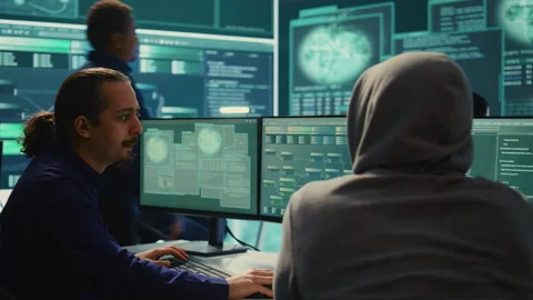 Cyber security experts in governmental hacking room working on securing networks Stock Footage 277669209