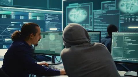 Cyber security experts in governmental hacking room working on securing networks Stock Photos