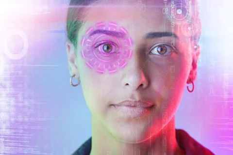 Cyber security, face and eye of woman with biometric password in the metaverse Stockfoto's