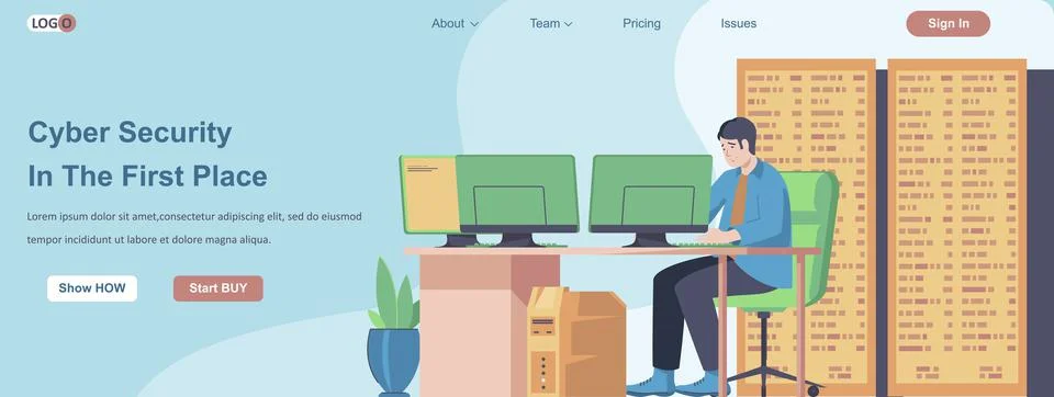 Cyber Security In The First Place web banner concept. Tech service employee Stock Illustration