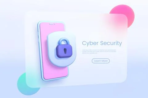 Cyber Security Glassmorphism in 3d style on light background. 3d glassmorphism Stock Illustration