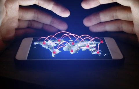 Cyber security global network concept, man hand protecting smartphone with .. Stock Photos