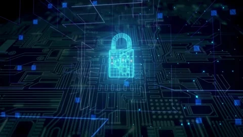 Cyber Security Glowing Padlock on Digital Circuit Board Stock Footage 335830753