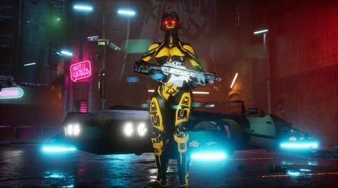 A cyber-security guard stands on a rainy street in a neon city and watches out Stock Illustration