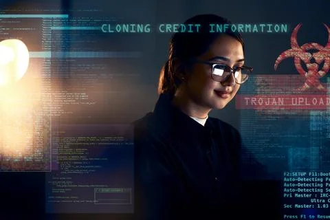 Cyber security, hacker and night with woman and coding for software, digital Stock Photos