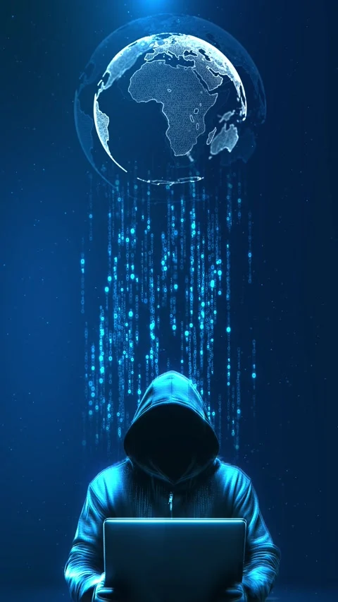 Cyber Security Hacker Laptop Global Data Network Dark concept hooded figure lapt Stock Footage 341906991