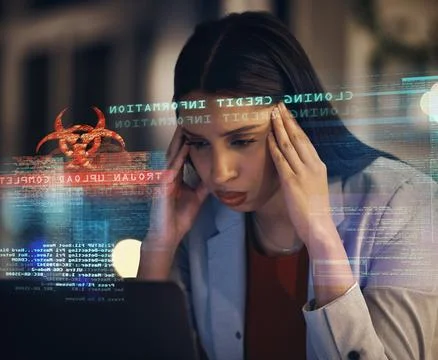 Cyber security, hacking and data analytics employee, tired from working on it Stock Photos