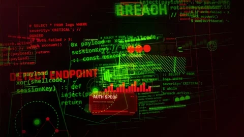 Cyber Security Hacking Interface with Code and Data Breach Alert Stockbeeldmateriaal 335568768