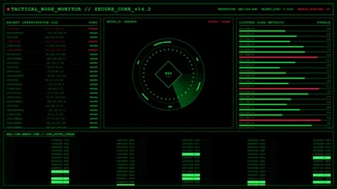 Cyber Security Hacking Screen Tactical Node Monitor Dashboard. Stock Footage 346713367
