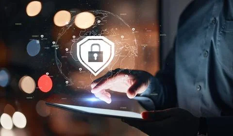 Cyber security, hand and tablet hologram with safety lock for network Foto stock