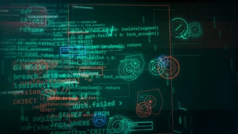 Cyber Security HUD Interface with Digital Code and Data Analysis Video stock 335568192