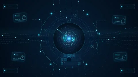 Cyber Security HUD Interface with Digital Lock and Network Protection Vídeos de archivo 344353593