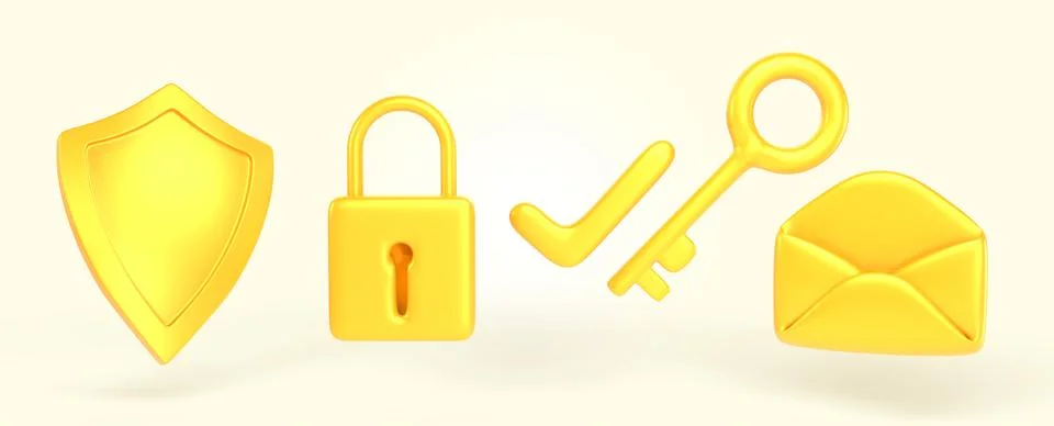 Cyber security icon set 3d render. Golden shield, email envelope, padlock, key イラスト素材