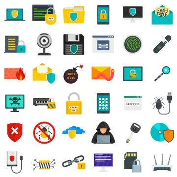Cyber security icon set, flat style Stock Illustration