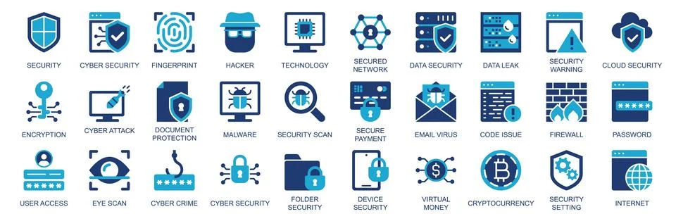 Cyber security icon set in flat duotone solid icons web design. Pack pictogra Stock Illustration