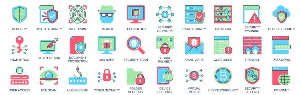 Cyber security icon set in flat color icons web design. Pack pictograms with  Stockillustratie