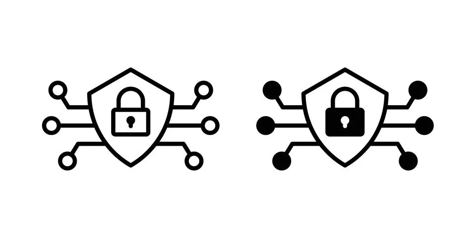 Cyber security icon solid, line, and editable vector set. Stock Illustration