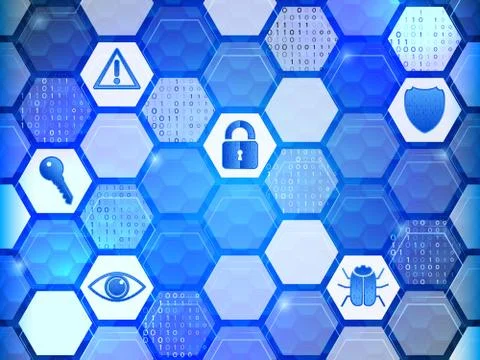 Cyber security icons on the hexagons background. Illustrazione stock