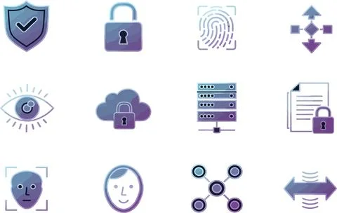 Cyber Security Icons: Protection, Data, Biometrics, Network, Cloud, Access .. Stock Illustration