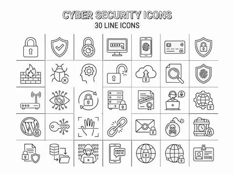 Cyber security icons set line style. Illustrazione stock