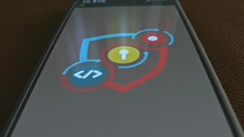 Cyber security instruments themed graphic presentation on smartphone Stock Footage 303427167