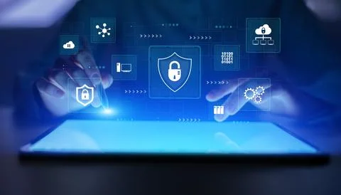 Cyber security interface visualizing digital data protection system and netwo 스톡 사진