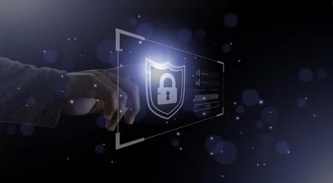 Cyber security internet and networking concept. Businessman hand working wi.. Stock Photos