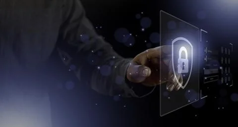 Cyber security internet and networking concept. Businessman hand working wi.. Stock Photos