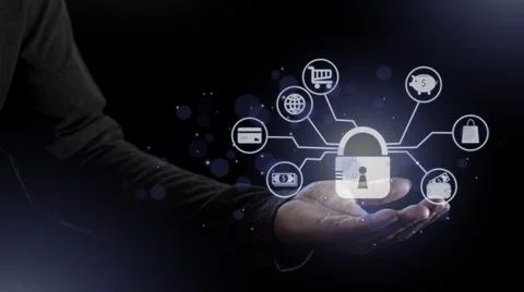 Cyber security internet and networking concept. Businessman hand working wi.. Stock Photos