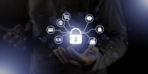 Cyber security internet and networking concept. Businessman hand working wi.. Stock Photos